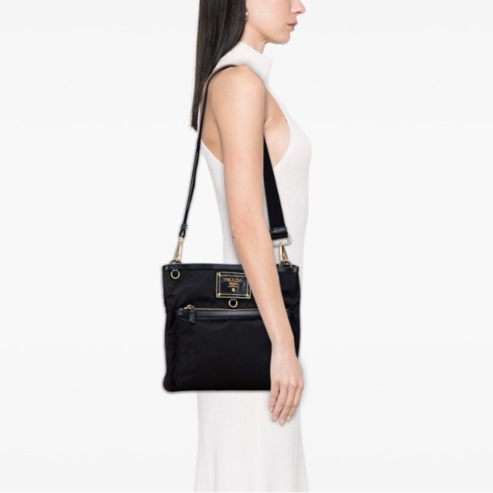 Prada Women’s Saffiano Trimmed Tessuto Snap Blue Crossbody Bag